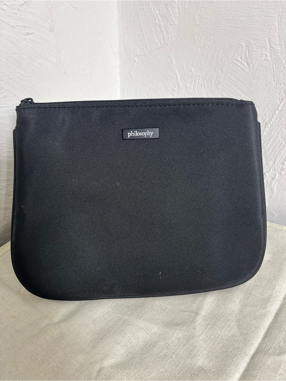 Sale! Philosophy Black Nylon Cosmetic Bag Makeup Travel Pouch Purple Lining